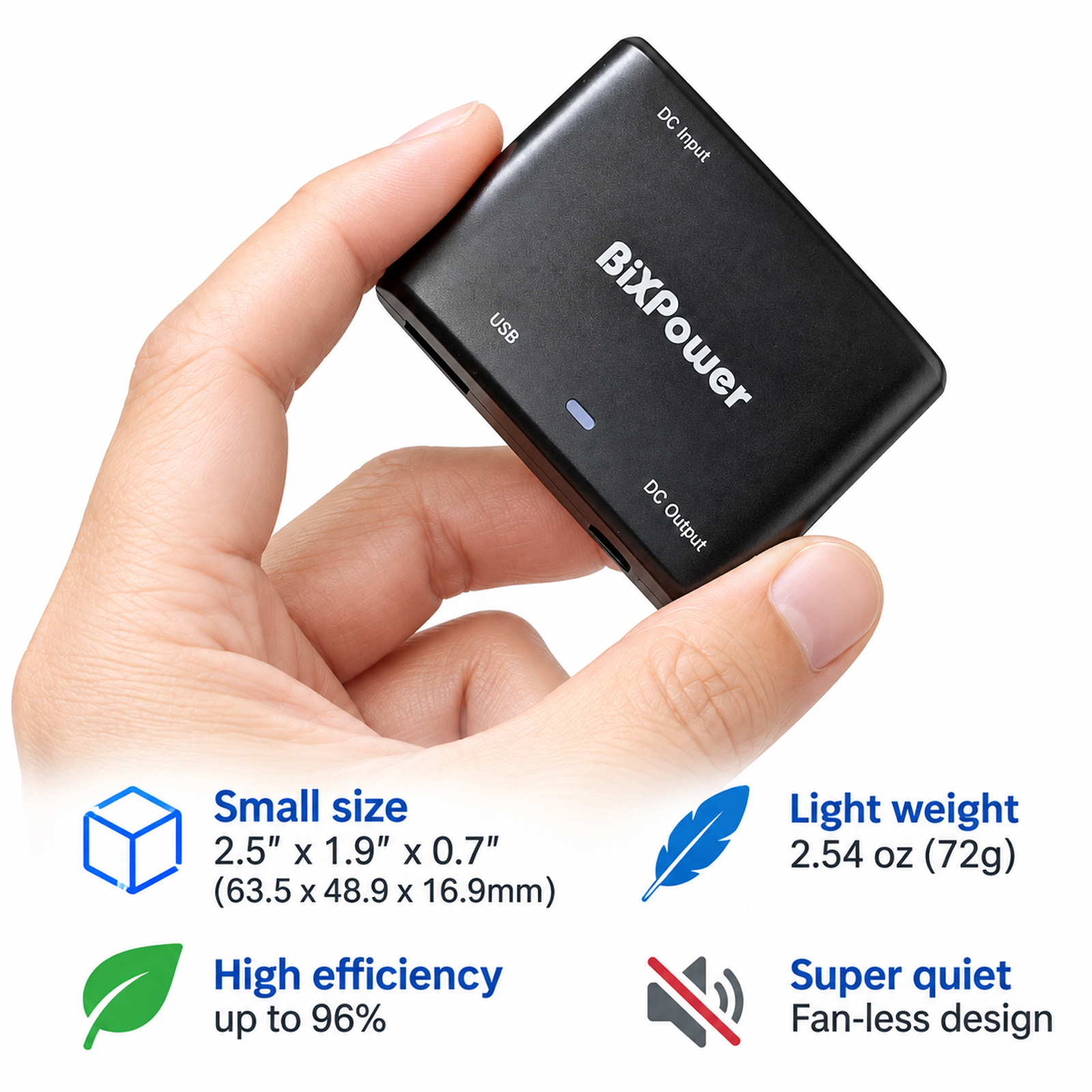 Compact BiXPower DC power converter shown in hand demonstrating its small size